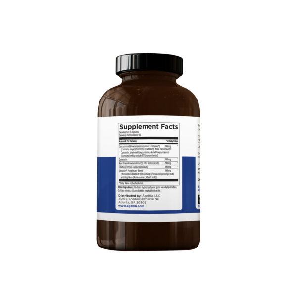 A product shot of an amber bottle of Ageblu Senolytic Support dietary supplement facts on a white background.