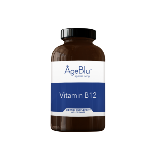 A product shot of an amber bottle of Ageblu Vitamin B12 dietary supplement on a white background.