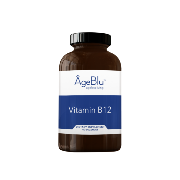 A product shot of an amber bottle of Ageblu Vitamin B12 dietary supplement on a white background.