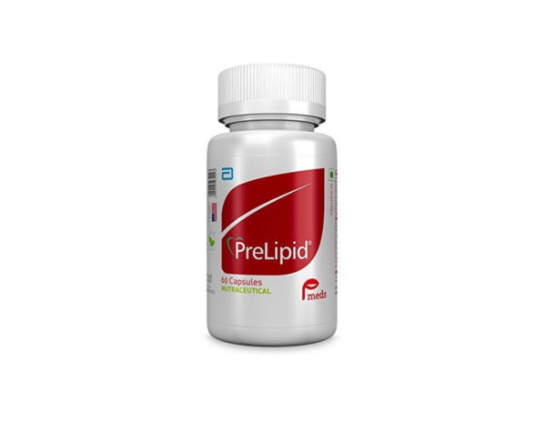 White PreLipid Bottle with a red label. 60 nutraceutical capsules