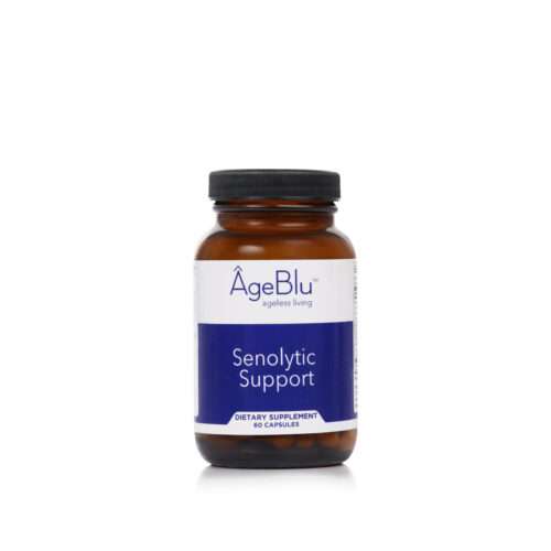 A product shot of a translucent brown bottle of Ageblu Senolytic Support dietary supplement on a white background.
