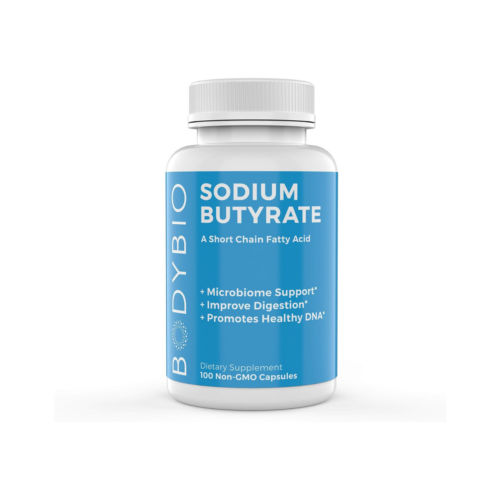 Blue Body Bio Sodium Butyrate supplement. Sodium Butyrate is a short chain fatty acid that supports the microbiome and improves digestion. Sodium Butyrate also promotes healthy DNA. Sodium Butyrate is a dietary supplement and contains 100 Non-GMO capsules. This blue bottles with white top is affixed on a white background