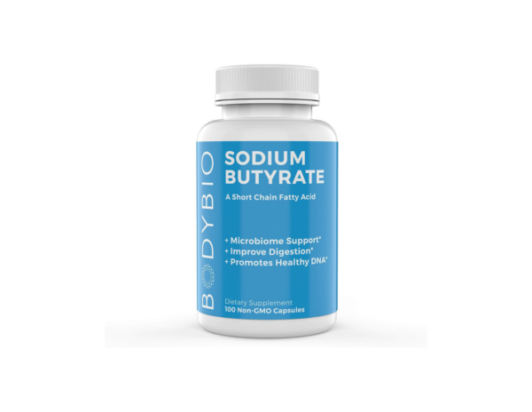 Blue Body Bio Sodium Butyrate supplement. Sodium Butyrate is a short chain fatty acid that supports the microbiome and improves digestion. Sodium Butyrate also promotes healthy DNA. Sodium Butyrate is a dietary supplement and contains 100 Non-GMO capsules. This blue bottles with white top is affixed on a white background