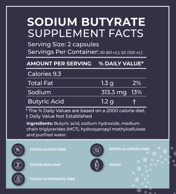 A greyish blue supplement facts label for sodium and butyric acid