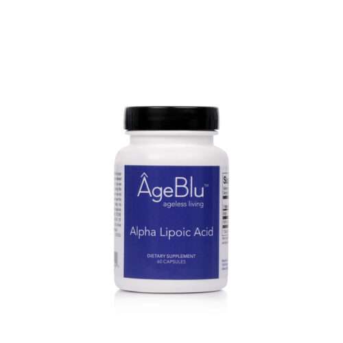 A product shot of a white bottle of Ageblu Alpha Lipoic Acid dietary supplement on a white background.