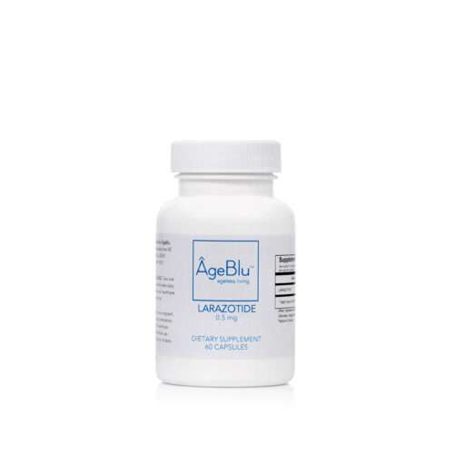A product shot of a white bottle of Ageblu larazotide dietary supplement on a white background.