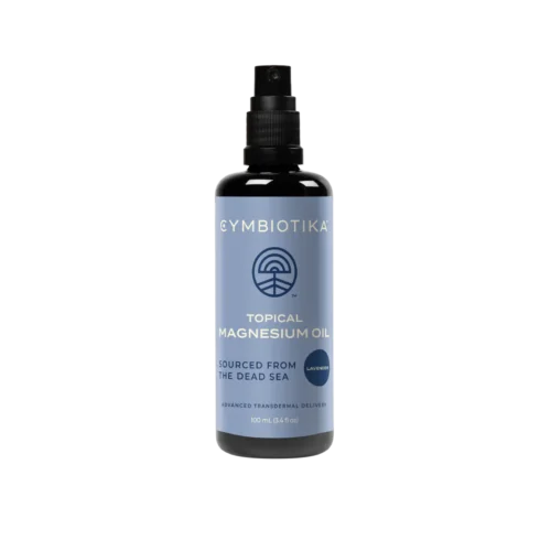 Cymbiotika Magnesium Spray featured on a black bottle and blue label affixed on a white background