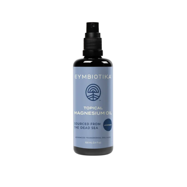 Cymbiotika Magnesium Spray featured on a black bottle and blue label affixed on a white background