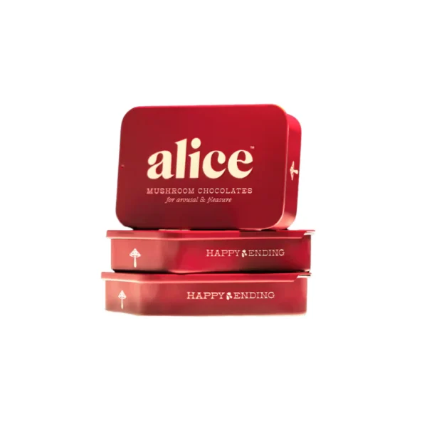 Alice red Happy ending chocolate for arrousal and pleasure affixed on a white background