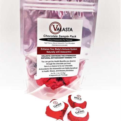 A product shot of of Valasta Chocolate sample pack with four samples placed outside of he main pack.