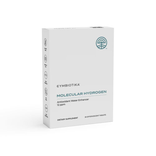 White Cymbiotika Molecular Hydrogen Box with 30 effervescent tablets. Molecular hydrogen is an antioxidant water enhancer. This box is affixed on a white label