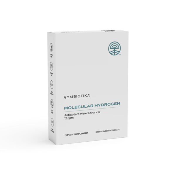 White Cymbiotika Molecular Hydrogen Box with 30 effervescent tablets. Molecular hydrogen is an antioxidant water enhancer. This box is affixed on a white label