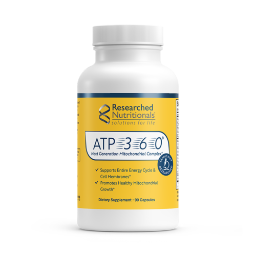 Researched Nutritionals ATP 360 white supplement bottle with a yellow label. Label reads: Supports entire energy cycle and cell membranes and promotes healthy mitochondrial growth. Dietary supplement 90 capsules