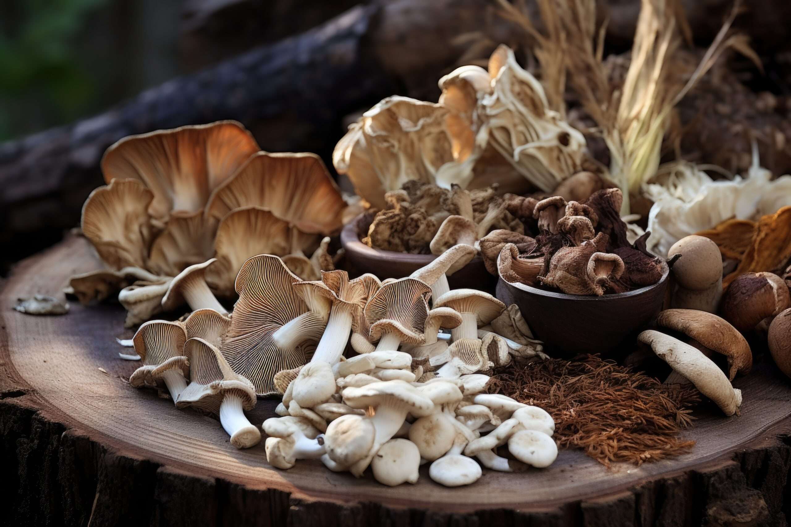 Assorted dried medicinal mushrooms arranged on a tree stump platter