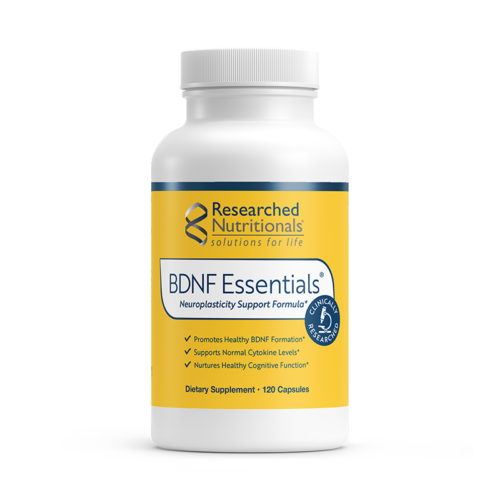 BDNF Essentials Yellow Researched Nutritional label. Label reads: BDNF Essentials- Neuroplasticity support formula. Promotes Healthy BDNF Formation, Supports Normal Cytokine levels. Nurtures healthy cognitive function. Yellow label affixed on a white bottle