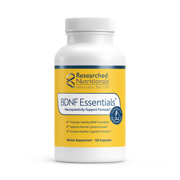 BDNF Essentials Yellow Researched Nutritional label. Label reads: BDNF Essentials- Neuroplasticity support formula. Promotes Healthy BDNF Formation, Supports Normal Cytokine levels. Nurtures healthy cognitive function. Yellow label affixed on a white bottle