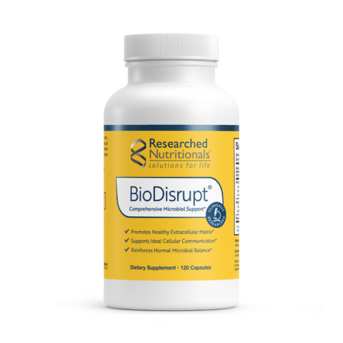 Researched Nutritionals Yellow Supplement label affixed on a white bottle. Label reads: BiodDisrupt Comprehensive Microbial Support. Promotes Healthy Extracellular matrix, supports ideal cellular communications, reinforces normal microbial balance. Dietary supplement 120 capsules