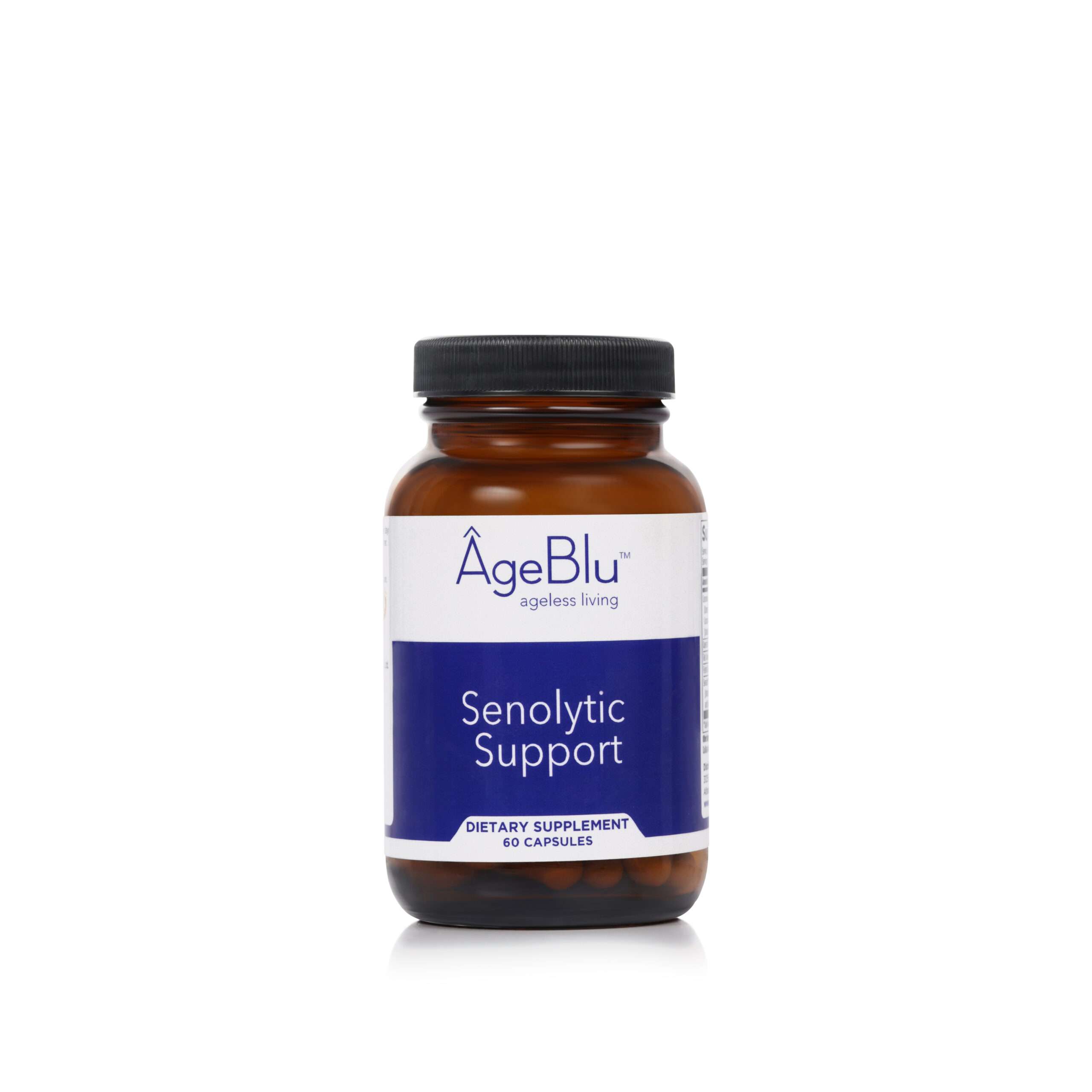 A product shot of a 60 capsule bottle of Ageblu Senolytic Support