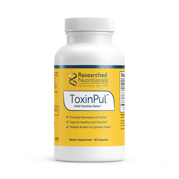 White supplement bottle with yellow Researched Nutritonals Label. Toxin Pul is a multi-function detox supplement that promotes the elimination of toxins, supports healthy liver function as well as binds for systematic detox. ToxinPul is a dietary supplement with 90 capsules.