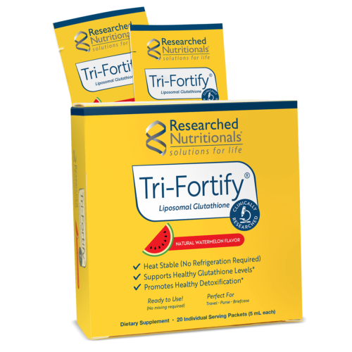 Researched Nutritionals Tri-Fortify Liposomal Glutatione. Natural Watermelon Flavor. Yellow Box that is heat stable (no refrigeration required), Supports healthy glutathione levels, and promotes healthy detoxification. Supplement contains 20 individual service packets of 5ml each.