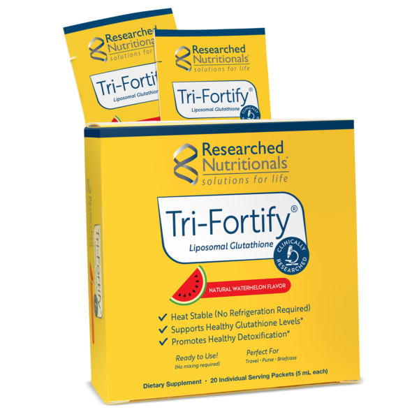 Researched Nutritionals Tri-Fortify Liposomal Glutatione. Natural Watermelon Flavor. Yellow Box that is heat stable (no refrigeration required), Supports healthy glutathione levels, and promotes healthy detoxification. Supplement contains 20 individual service packets of 5ml each.