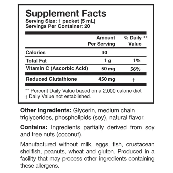 Tri-Fortify Liposomal Glutathione supplement facts. Contains 450mg of reduced glutathione
