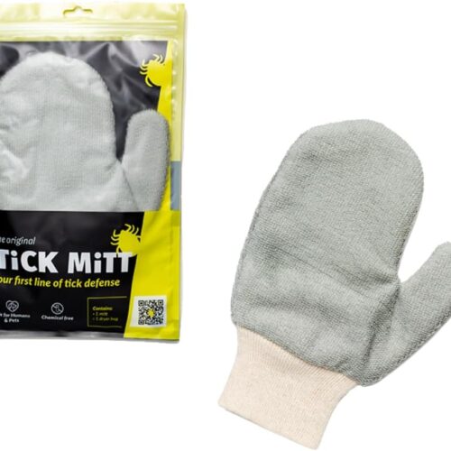 Yellow-packaged tick mitt displayed alongside an unpackaged one, both set against a clean white background.