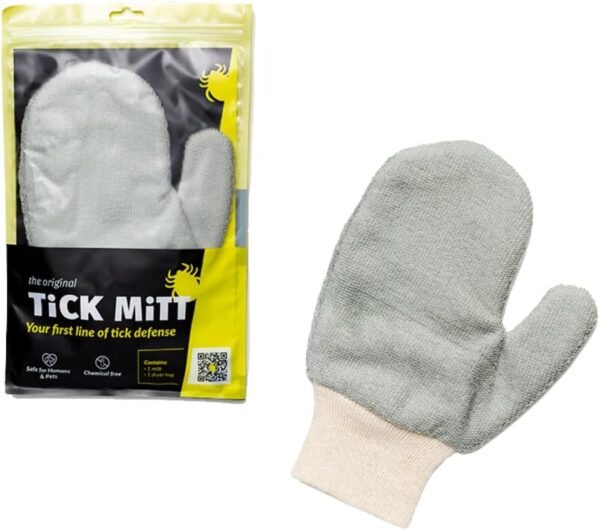 Yellow-packaged tick mitt displayed alongside an unpackaged one, both set against a clean white background.