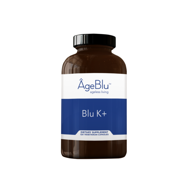 Amber glass bottle of ÂgeBlu Blu K+ with a white and blue label affixed on a white background