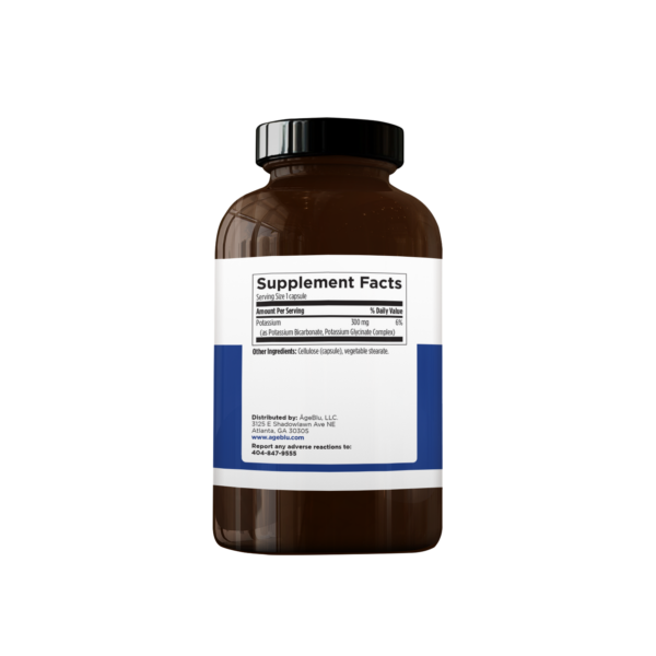 Amber Glass Bottle Blu K + Supplement Facts. Potassium 300mg