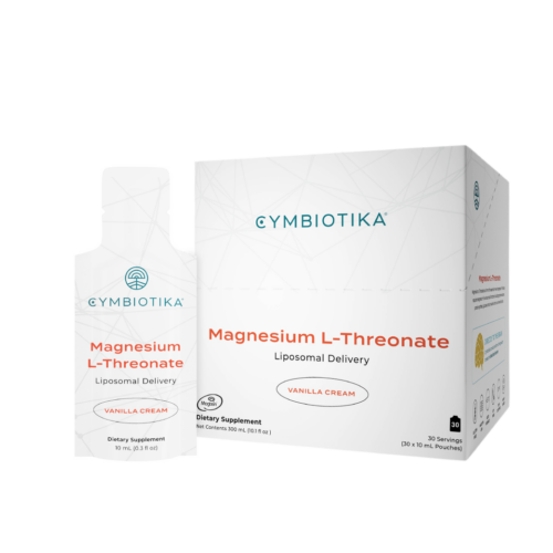 White Box of Cymbiotika Magnesium L-Threonate packets with one packet outside the box.