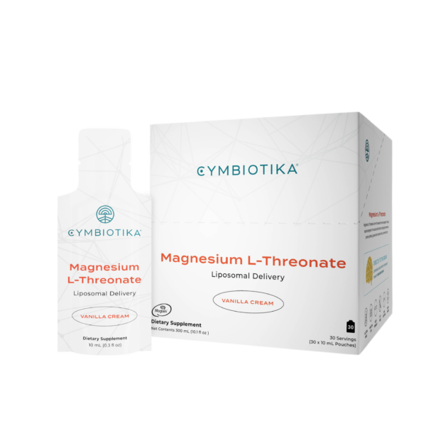 White Box of Cymbiotika Magnesium L-Threonate packets with one packet outside the box.