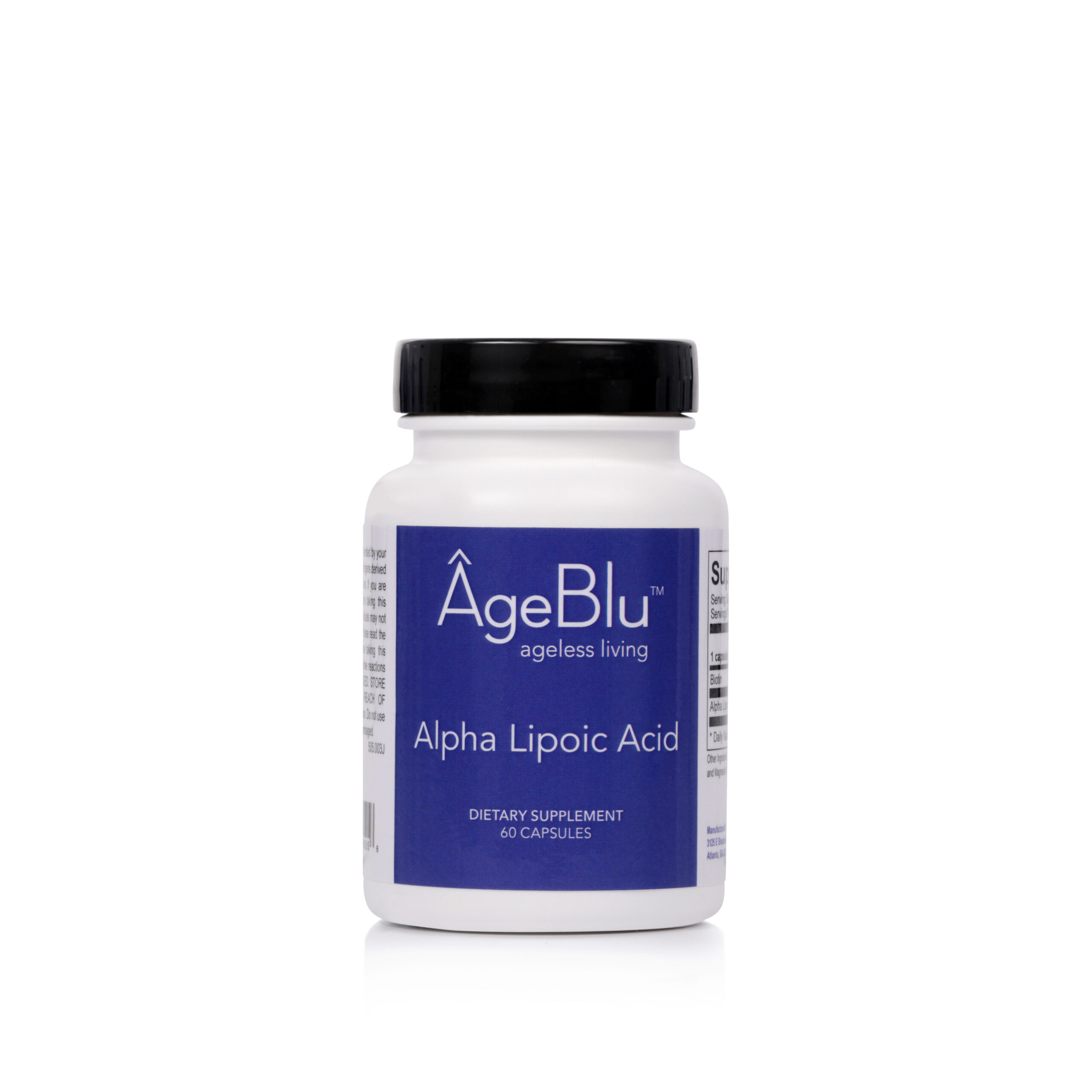 Alpha Lipoic Acid White Supplement bottle with 60 capsules affixed with a blue label and a black top