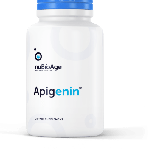 White Bottle with Blue Top Apigenin supplement from NuBioAge set against a clean white background