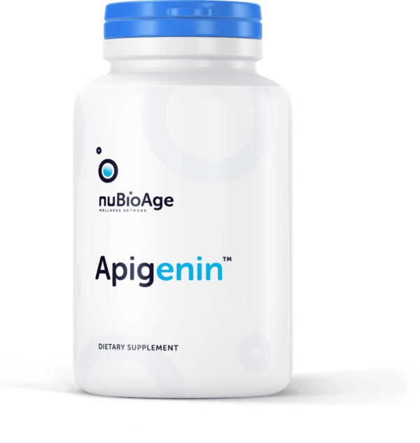 White Bottle with Blue Top Apigenin supplement from NuBioAge set against a clean white background