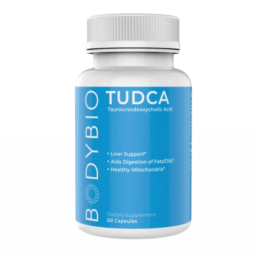 Tudca by BodyBio white bottle with blue label. Label reads- liver support, aids in digestion of fat and oils and healthy mitochondria. The bottle has 60 capsules