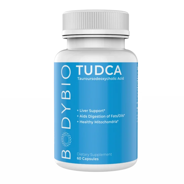 Tudca by BodyBio white bottle with blue label. Label reads- liver support, aids in digestion of fat and oils and healthy mitochondria. The bottle has 60 capsules